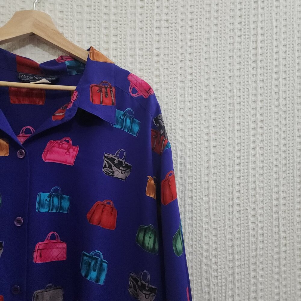 Vintage Maggie McNaughton handbag print colorful button up blouse Purple 3X - Picture 8 of 12